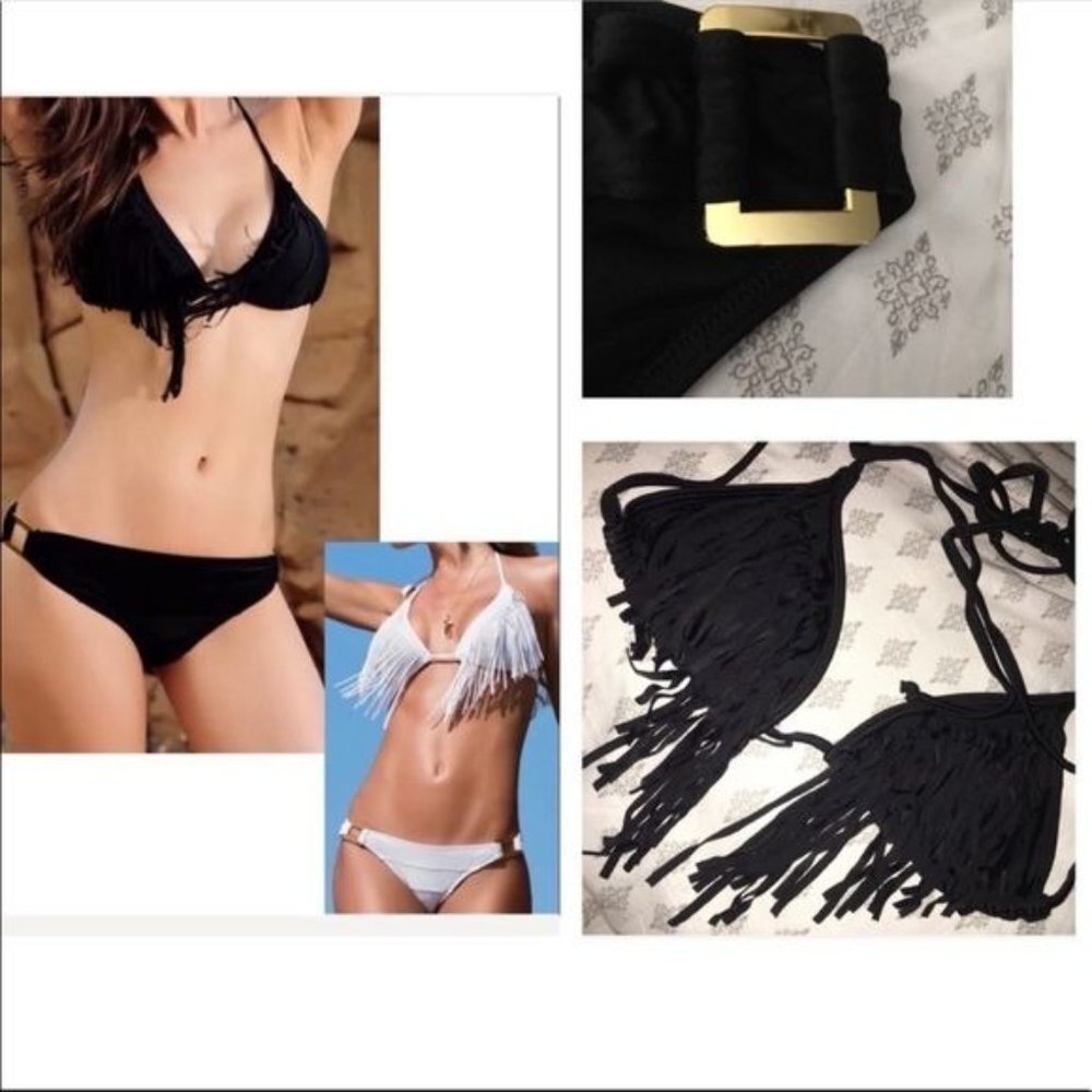Boutique Western Cowgirl Halter Bikini Black Long Fringe Western Vacation Beach